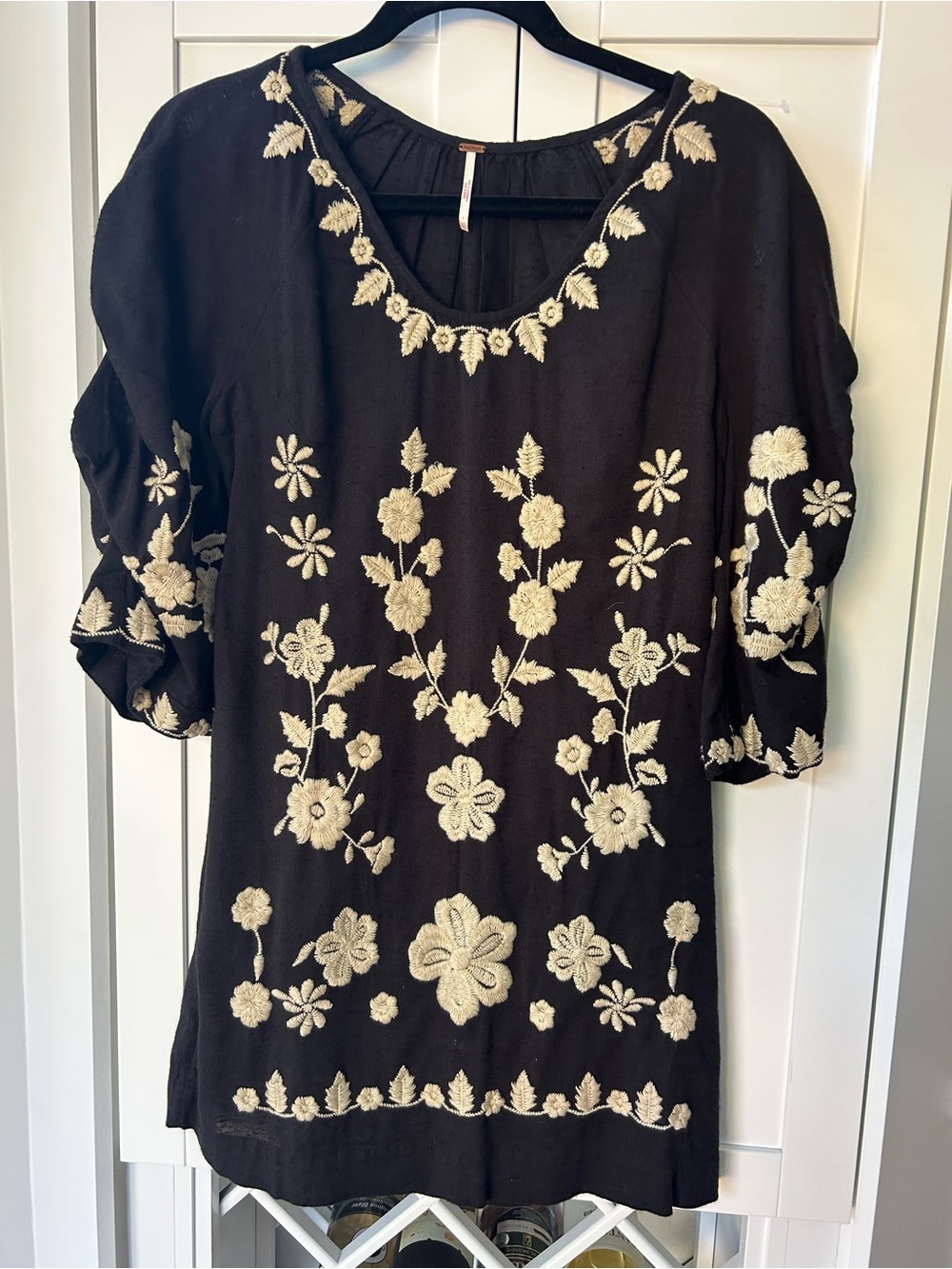 Free People XS Black Tunic with Cream Floral Embroidery
